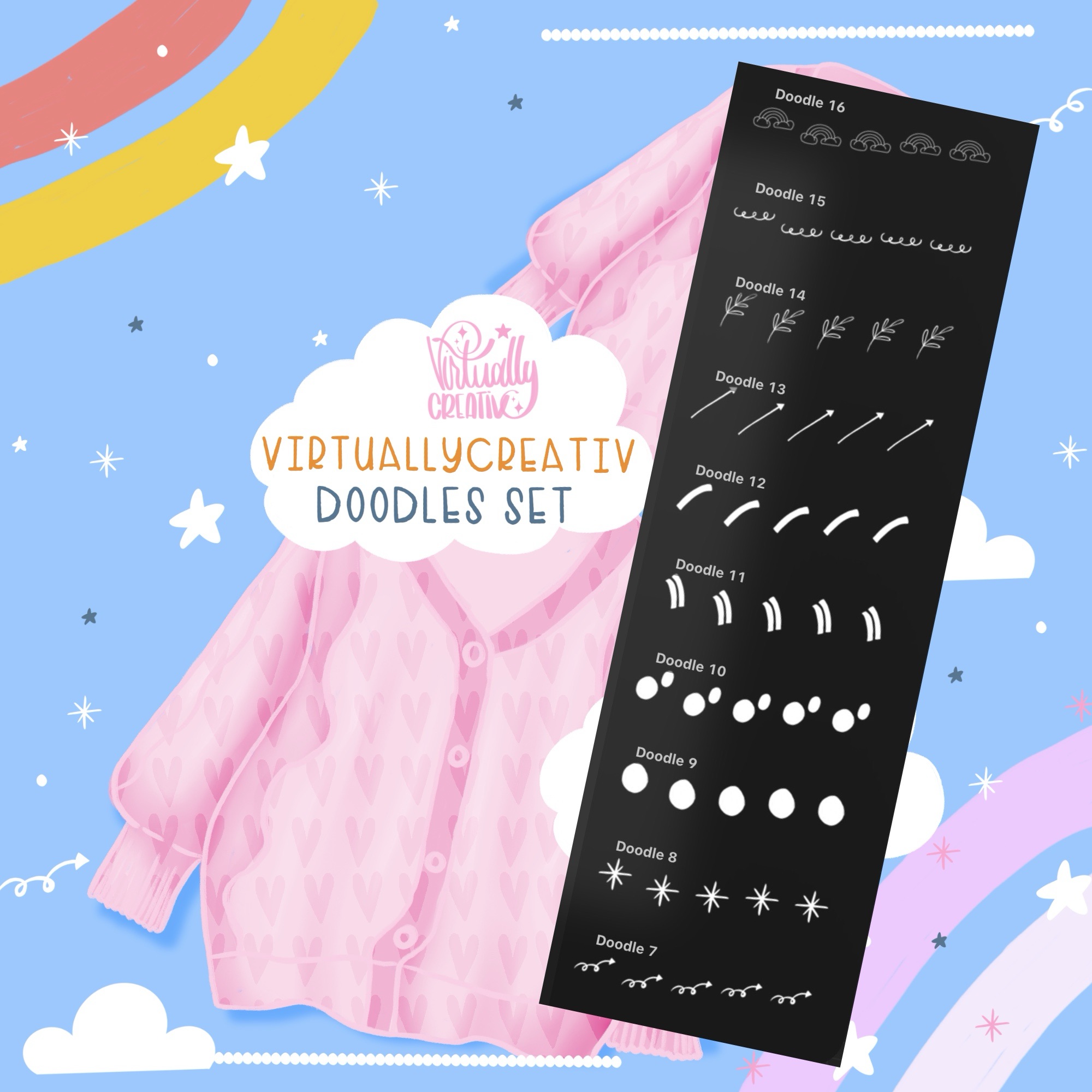 VirtuallyCreativ Doodle Stamps Set for Procreate | 36 Fun Brushes 5 VirtuallyCreativ Doodle Stamps