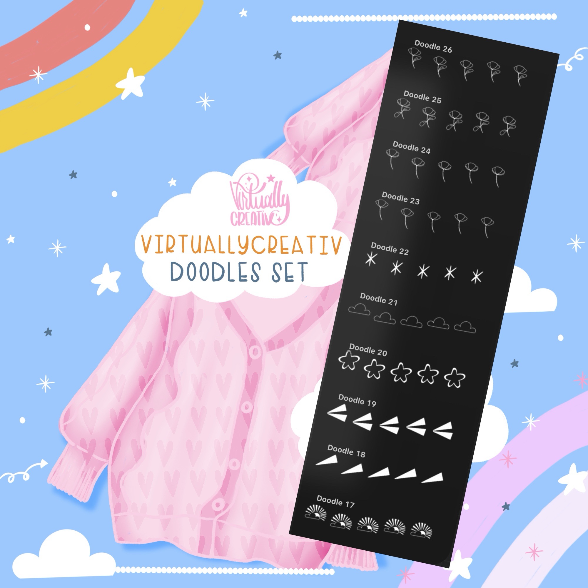 VirtuallyCreativ Doodle Stamps Set for Procreate | 36 Fun Brushes 4 VirtuallyCreativ Doodle Stamps