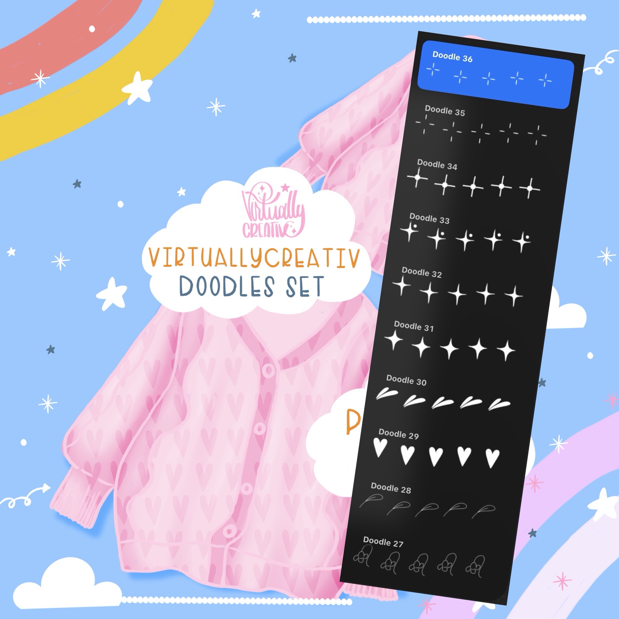 VirtuallyCreativ Doodle Stamps Set for Procreate | 36 Fun Brushes 3 VirtuallyCreativ Doodle Stamps