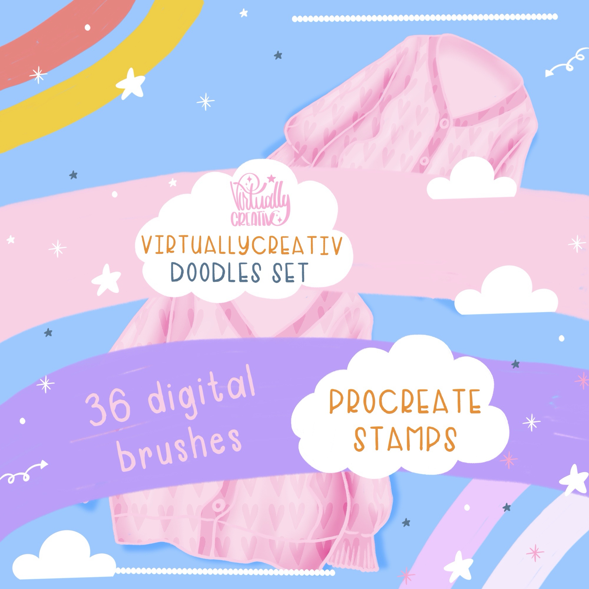VirtuallyCreativ Doodle Stamps Set for Procreate | 36 Fun Brushes 1 VirtuallyCreativ Doodle Stamps